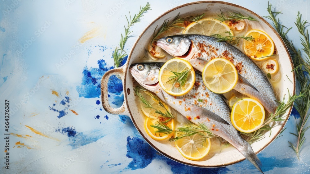 Poster bird s eye view of fish lemon and rosemary in pan on rustic table seafood preparation from above lux