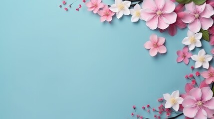 Blank paper with pink flowers on a pastel blue background arranged flat and viewed from above with space for text - obrazy, fototapety, plakaty