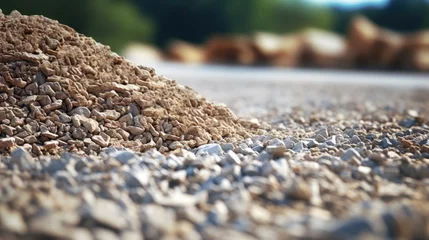 Muurstickers Close up of gravel pile on a construction site for road building Background includes sand and selective focus © vxnaghiyev