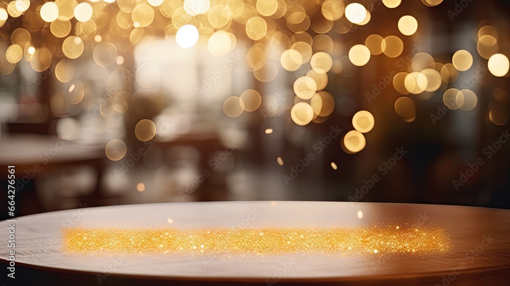 Poster Blurred cafe bokeh as a backdrop for displaying your product on an empty table