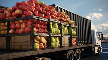 Apple filled containers loaded onto a truck for market distribution - obrazy, fototapety, plakaty