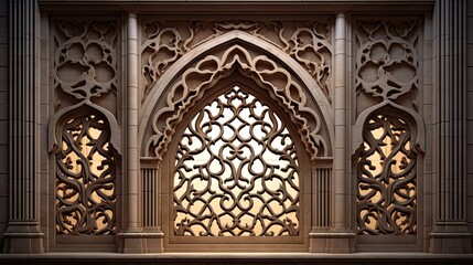 An Islamic art exhibit in Dubai showcasing a carved stone openwork window in the style of Arabic mosques - obrazy, fototapety, plakaty