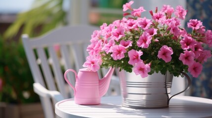 Fototapeta na wymiar Beautiful pink Petunia flowers and a white watering can adorn a table on a sunny summer day