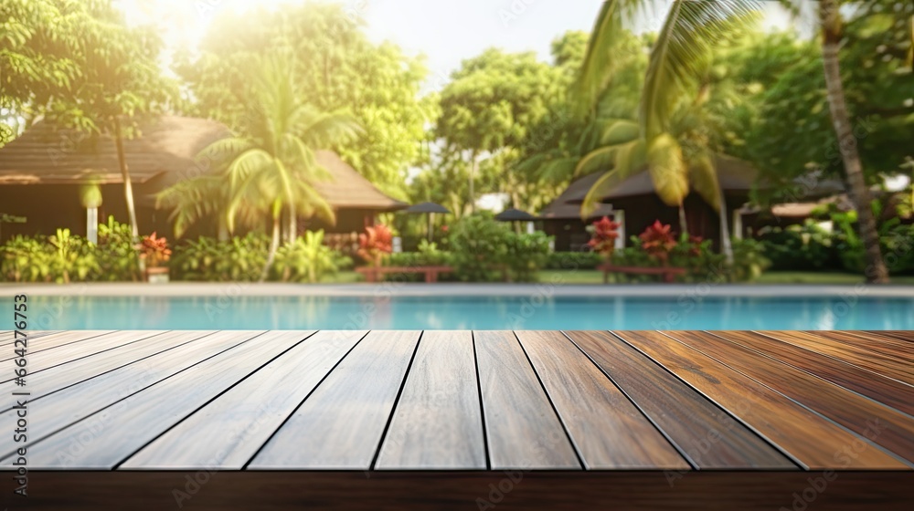 Poster blurry background of pool empty wooden table upfront