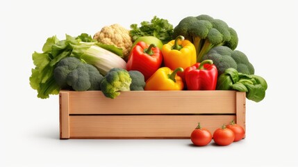 Assorted fresh produce in a crate on white background suitable for a healthy diet includes broccoli cucumber onion peppers carrots apple grape lima and potatoes