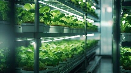 Automated indoor city farming with microgreen plants under ice lamps on shelves