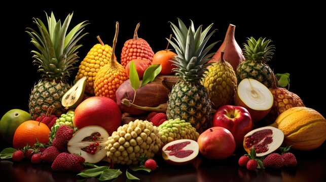 Assortment of unusual fruits pineapple papaya mango annona banana pitahaya kiwano African horned melon tamarillo granadilla salak snake fruit maracuya rambutan lychee longan tamarind