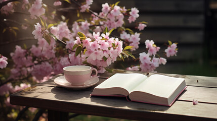 coffee, tea, table,open book, spring, lifestyle,courtyard