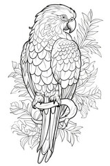 coloring page of a parrot or macaw in a line art hand drawn style for kids and teens