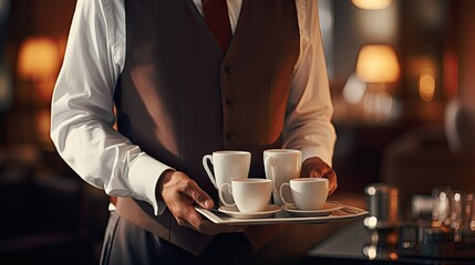 Close up picture of waiter brewing coffee for hotel guests - obrazy, fototapety, plakaty
