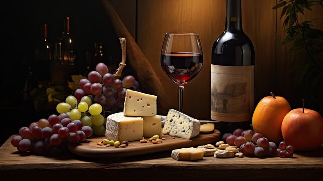 Cheese wine and grapes arranged in a photo studio