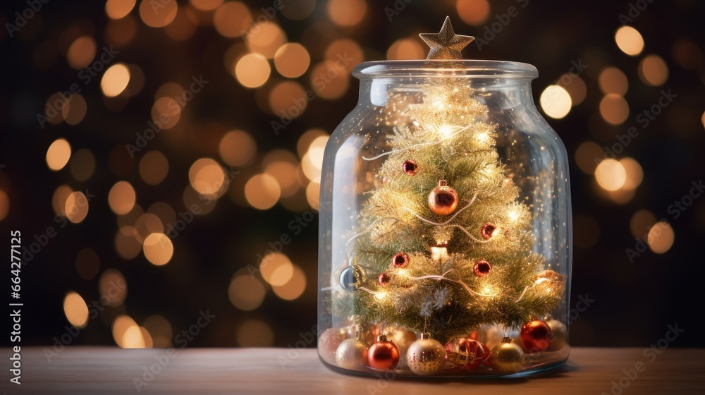 Aufkleber christmas tree in glass jar with bokeh lights background copy space