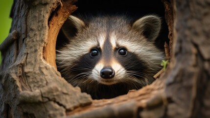 Beautiful raccoon camouflaged in tree hollow North American habitat - obrazy, fototapety, plakaty