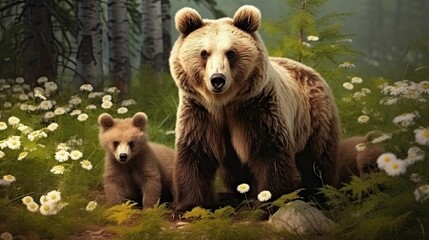 Brown bears known as she bear and cubs inhabit their natural habitat among white flowers in the summer forest on the bog