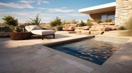 Fototapeta premium A desert backyard with a pebble tech pool and travertine patio