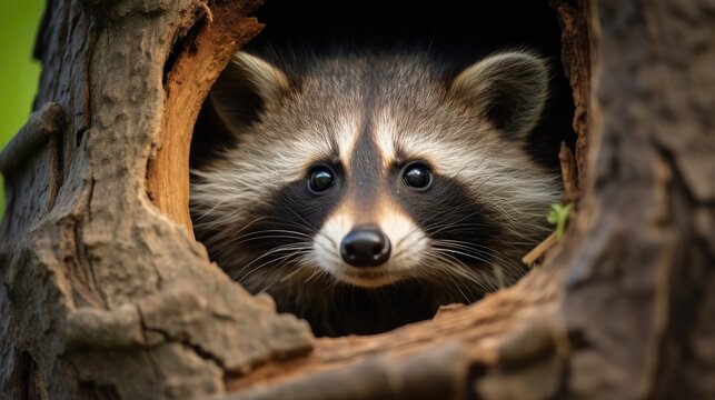 Beautiful raccoon camouflaged in tree hollow North American habitat