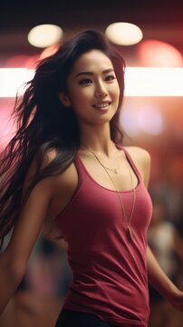 Asian woman wearing a red tank top. Fictional characters created by Generated AI.