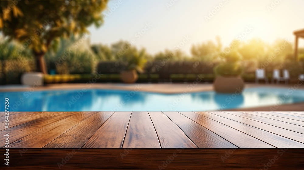 Aufkleber Blurry background of pool empty wooden table upfront