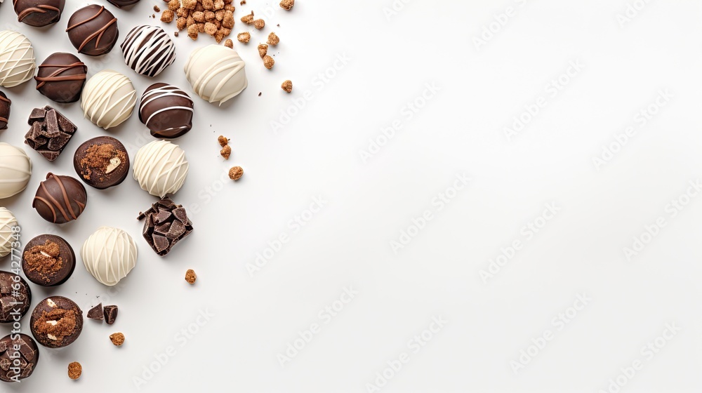 Fototapete Chocolate truffles and pralines arranged on light background Top view Space for text