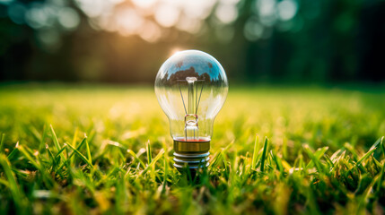Simple light bulb on green grass and sunlight in nature