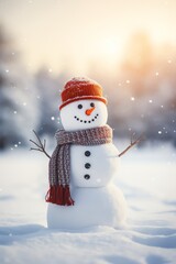 Obraz premium Snowman with scarf and hat in winter forest. Christmas background.