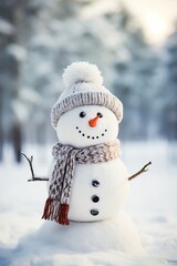 Fototapeta premium Snowman with scarf and hat in winter forest. Christmas background.