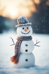 Obraz premium Snowman with scarf and hat in winter forest. Christmas background.