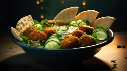 Fotobehang Arabian falafel bowl with floating pickles and mint creatively made © vxnaghiyev