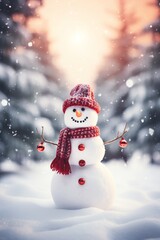 Obraz premium Snowman with scarf and hat in winter forest. Christmas background.