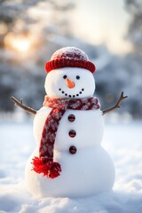 Fototapeta premium Snowman with scarf and hat in winter forest. Christmas background.