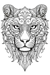 coloring page with mandala ornaments of a tiger leopard or panther head in a line art hand drawn style