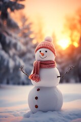 Obraz premium Snowman with scarf and hat in winter forest. Christmas background.