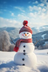 Fototapeta premium Snowman with scarf and hat in winter forest. Christmas background.
