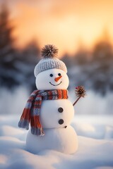 Snowman with scarf and hat in winter forest. Christmas background.