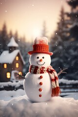 Obraz premium Snowman with scarf and hat in winter forest. Christmas background.