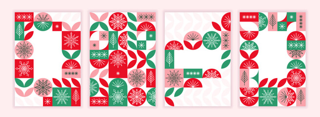 Set of Christmas banners with geometric pattern in red and green colors, snowflakes and Christmas trees