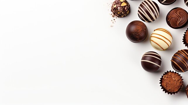 Chocolate truffles and pralines arranged on light background Top view Space for text