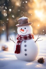 Snowman with scarf and hat in winter forest. Christmas background.