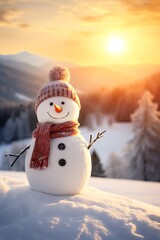 Obraz premium Snowman with scarf and hat in winter forest. Christmas background.