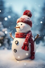 Snowman with scarf and hat in winter forest. Christmas background.