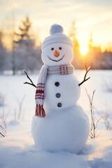 Obraz premium Snowman with scarf and hat in winter forest. Christmas background.
