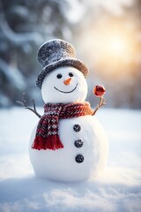 Snowman with scarf and hat in winter forest. Christmas background.