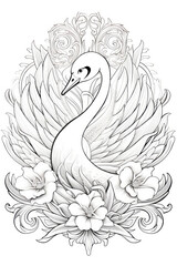 coloring page with mandala ornaments of a white swan in a line art hand drawn style