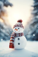 Obraz premium Snowman with scarf and hat in winter forest. Christmas background.