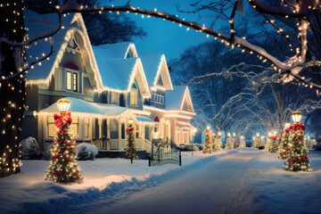 Christmas Holidays village with Snow illuminated with christmas lights. - obrazy, fototapety, plakaty