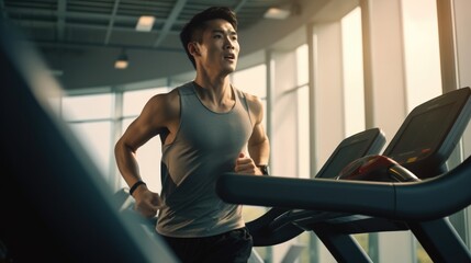 Fototapeta na wymiar Young Man Running on a Treadmill in a Gym. Fictional characters created by Generated AI.
