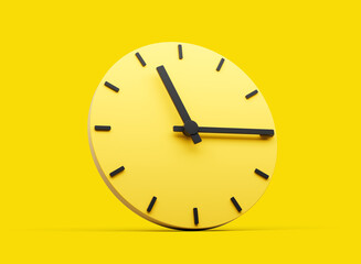3d Yellow Round Wall Clock 11:15 Eleven Fifteen Quarter Past 11 On Yellow Background 3d illustration