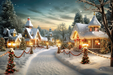 Christmas Holidays village with Snow illuminated with christmas lights. - obrazy, fototapety, plakaty