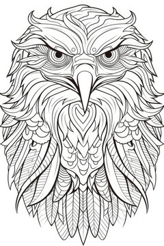 coloring page with mandala ornaments of eagle or hawk head in a line art hand drawn style