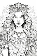 coloring page with of adult princess in a line art hand drawn style for kids and teens